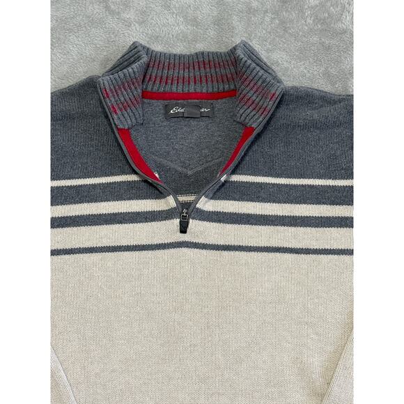 VTG Eddie Bauer Cream Grey 1/4 Zip Mock Neck Stripe Sweater T3XL Classic Preppy - Picture 2 of 16